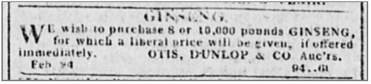 Richmond Enquirer 1820 — advertisement to purchase 8-10,000 pounds of ginseng