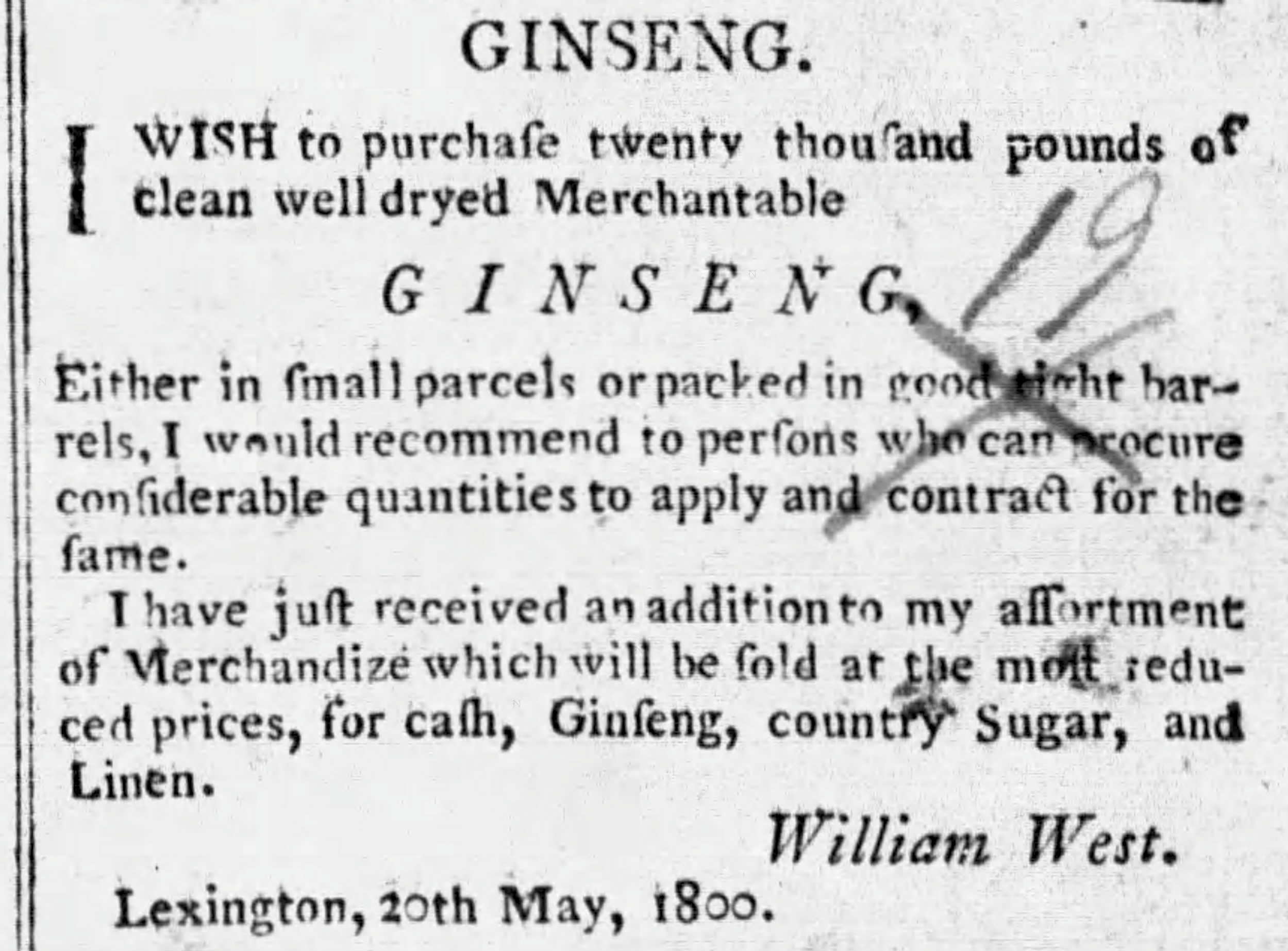 Kentucky Gazette 1800 — advertisement to purchase 20,000 pounds of ginseng